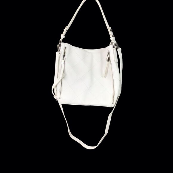 Sondra Roberts White Faux Leather Shoulder Bag Multi Zip Pockets Medium - Picture 9 of 16